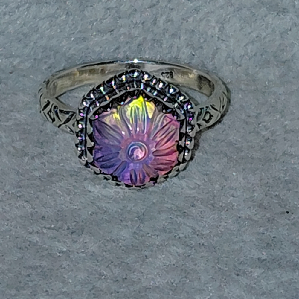 Aurora Opal Carved Floral Sterling Silver Ring